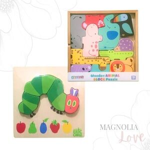 🍓 Wooden Baby Puzzle Set w/ Hungry Caterpillar & Zoo Animals Eric Carle Verdes